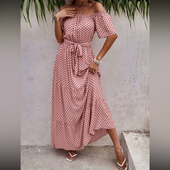 Boho polka dot off shoulder belted maxi dress - Picture 14 of 16